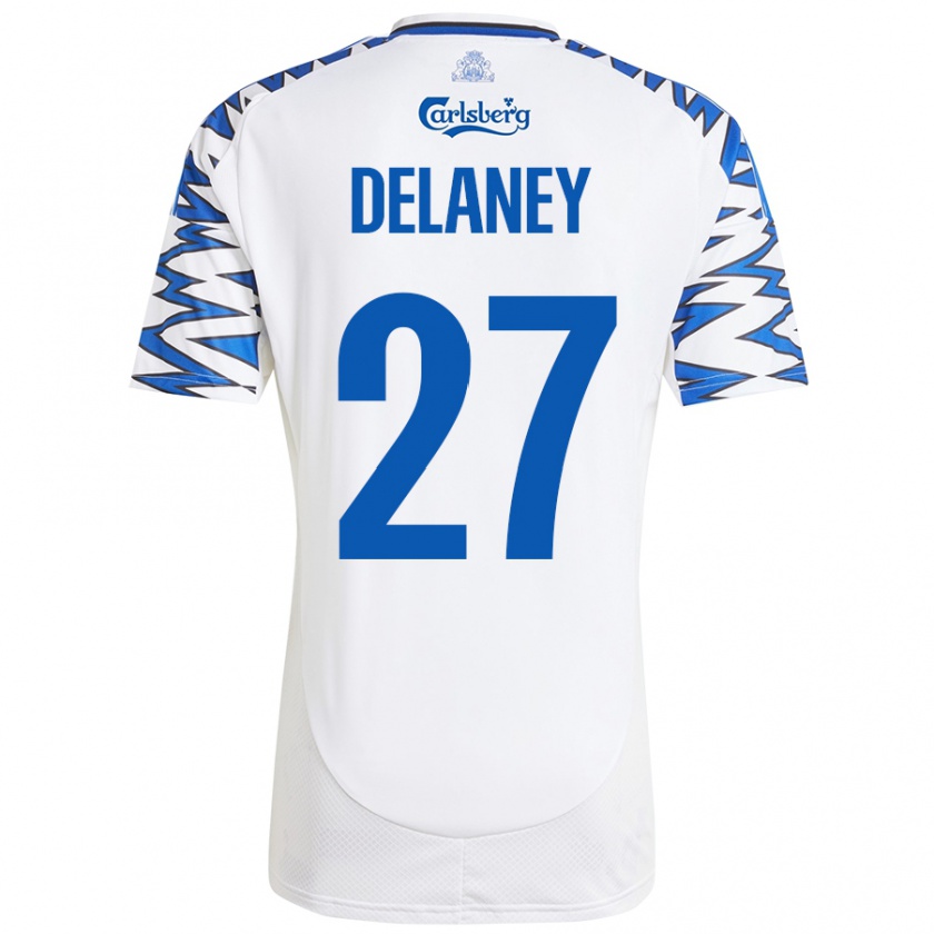 Kandiny Hombre Camiseta Thomas Delaney #27 Blanco Azul Cielo 1ª Equipación 2024/25 La Camisa Chile