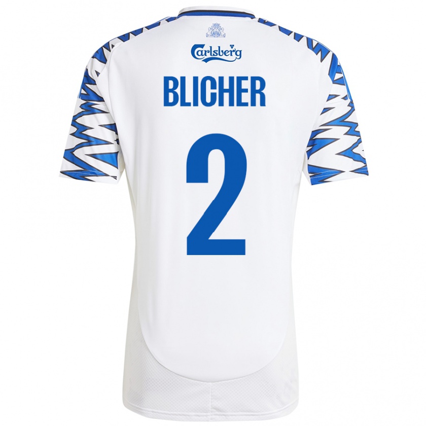 Kandiny Hombre Camiseta Nicolai Blicher #2 Blanco Azul Cielo 1ª Equipación 2024/25 La Camisa Chile