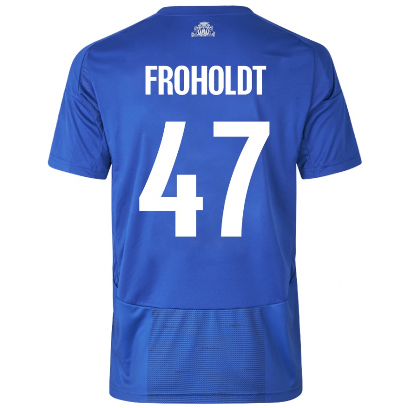 Kandiny Hombre Camiseta Victor Froholdt #47 Blanco Azul 2ª Equipación 2024/25 La Camisa Chile