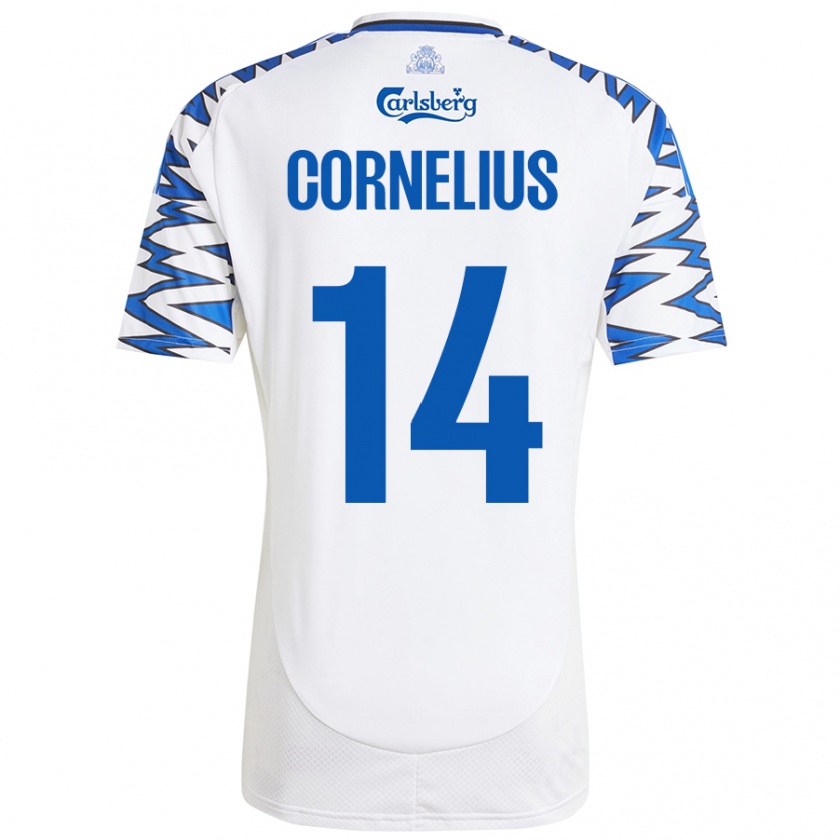 Kandiny Mujer Camiseta Andreas Cornelius #14 Blanco Azul Cielo 1ª Equipación 2024/25 La Camisa Chile