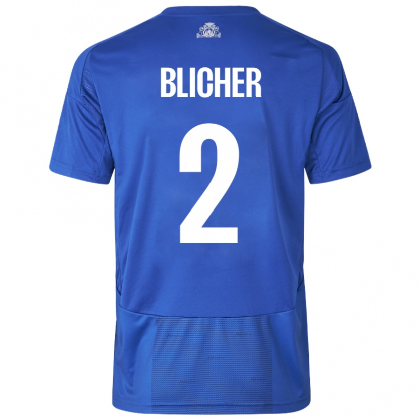 Kandiny Mujer Camiseta Nicolai Blicher #2 Blanco Azul 2ª Equipación 2024/25 La Camisa Chile