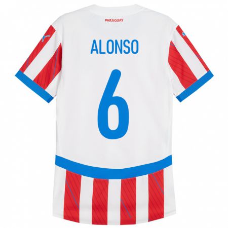 Kandiny Hombre Camiseta Paraguay Júnior Alonso #6 Blanco Rojo 1ª Equipación 24-26 La Camisa Chile