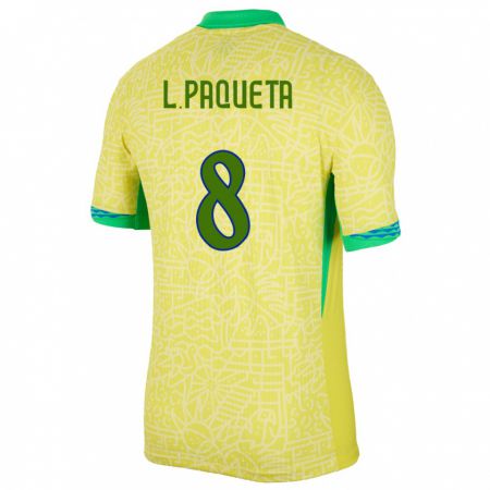 Kandiny Mujer Camiseta Brasil Lucas Paqueta #8 Amarillo 1ª Equipación 24-26 La Camisa Chile
