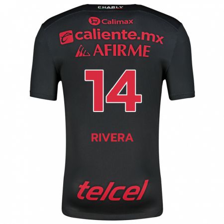 Kandiny Niño Camiseta Christian Rivera #14 Negro Rojo 1ª Equipación 2024/25 La Camisa Chile