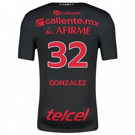 Kandiny Niño Camiseta Carlos González #32 Negro Rojo 1ª Equipación 2024/25 La Camisa Chile