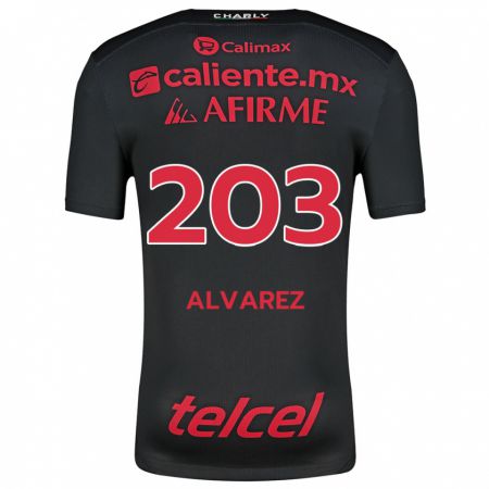 Kandiny Niño Camiseta Jaime Álvarez #203 Negro Rojo 1ª Equipación 2024/25 La Camisa Chile