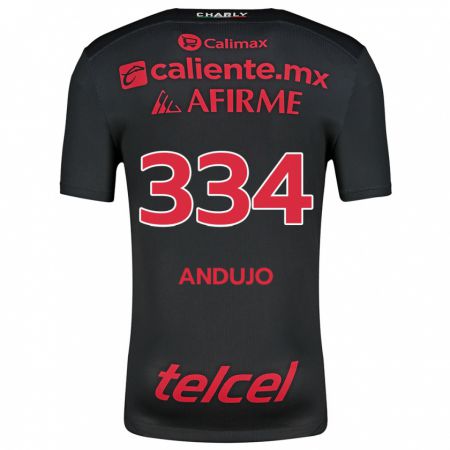 Kandiny Niño Camiseta Favio Andujo #334 Negro Rojo 1ª Equipación 2024/25 La Camisa Chile