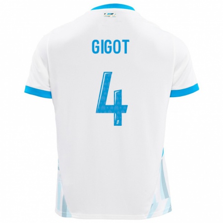 Kandiny Niño Camiseta Samuel Gigot #4 Blanco Azul Cielo 1ª Equipación 2024/25 La Camisa Chile