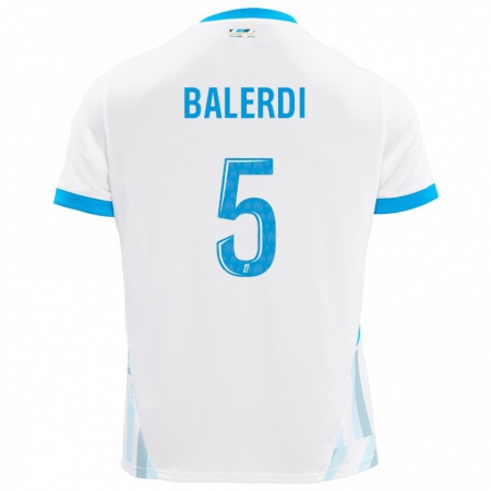 Kandiny Niño Camiseta Leonardo Balerdi #5 Blanco Azul Cielo 1ª Equipación 2024/25 La Camisa Chile