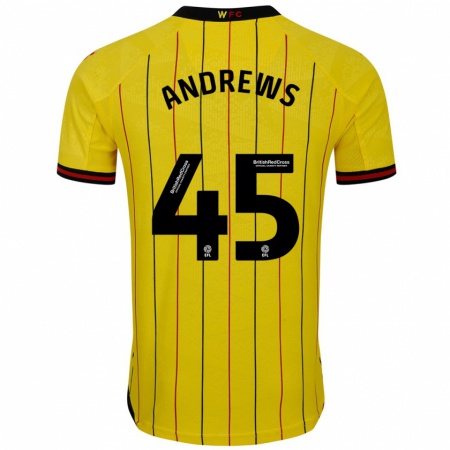 Kandiny Niño Camiseta Ryan Andrews #45 Amarillo Negro 1ª Equipación 2024/25 La Camisa Chile