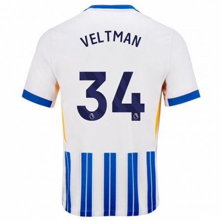 Kandiny Niño Camiseta Joël Veltman #34 Blanco Azul Rayas 1ª Equipación 2024/25 La Camisa Chile