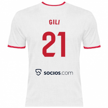 Kandiny Niño Camiseta Gemma Gili #21 Blanco Rojo 1ª Equipación 2024/25 La Camisa Chile