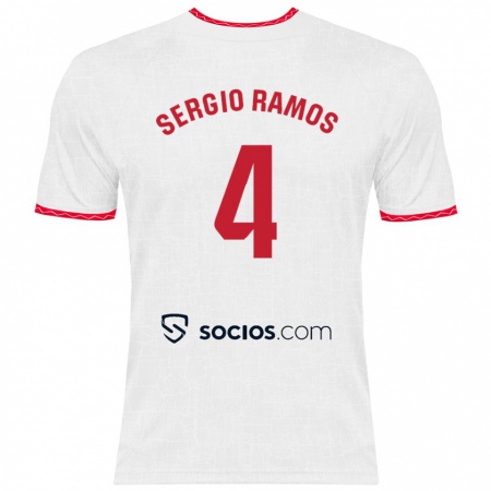 Kandiny Niño Camiseta Sergio Ramos #4 Blanco Rojo 1ª Equipación 2024/25 La Camisa Chile