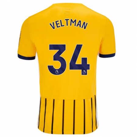 Kandiny Niño Camiseta Joël Veltman #34 Dorado Azul Rayas 2ª Equipación 2024/25 La Camisa Chile