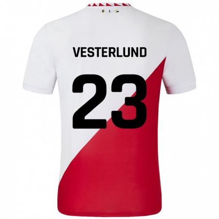 Kandiny Niño Camiseta Niklas Vesterlund #23 Blanco Rojo 1ª Equipación 2024/25 La Camisa Chile