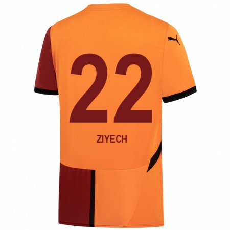 Kandiny Niño Camiseta Hakim Ziyech #22 Amarillo Rojo 1ª Equipación 2024/25 La Camisa Chile