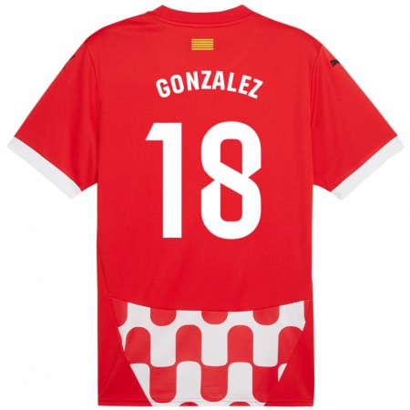 Kandiny Niño Camiseta Gerard González #18 Rojo Blanco 1ª Equipación 2024/25 La Camisa Chile