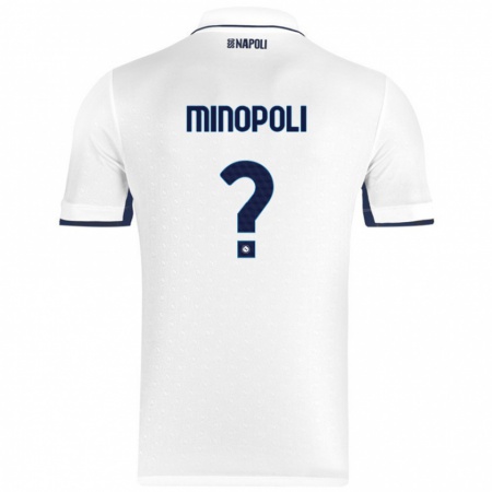 Kandiny Niño Camiseta Francesco Minopoli #0 Blanco Azul Real 2ª Equipación 2024/25 La Camisa Chile