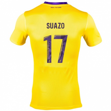 Kandiny Niño Camiseta Gabriel Suazo #17 Amarillo Morado 2ª Equipación 2024/25 La Camisa Chile