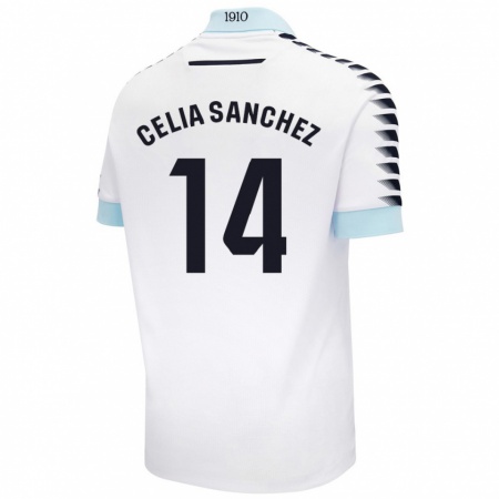 Kandiny Hombre Camiseta Celia Sánchez García #14 Blanco Azul 2ª Equipación 2024/25 La Camisa Chile