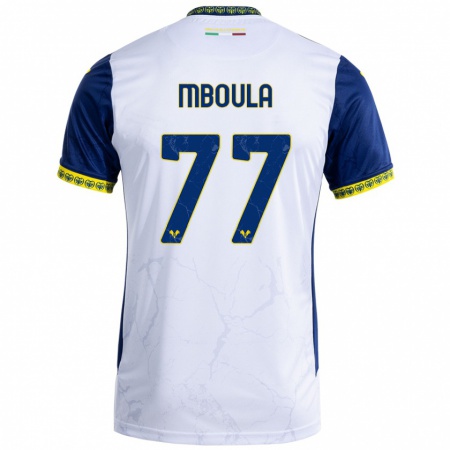 Kandiny Hombre Camiseta Jordi Mboula #77 Blanco Azul 2ª Equipación 2024/25 La Camisa Chile