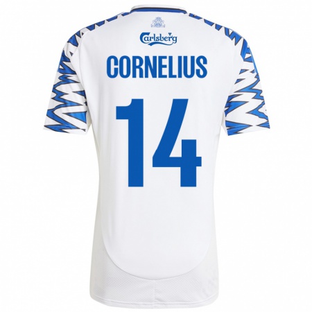 Kandiny Niño Camiseta Andreas Cornelius #14 Blanco Azul Cielo 1ª Equipación 2024/25 La Camisa Chile